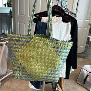 Stylish Green and Blue Woven Tote Bag Beach bag